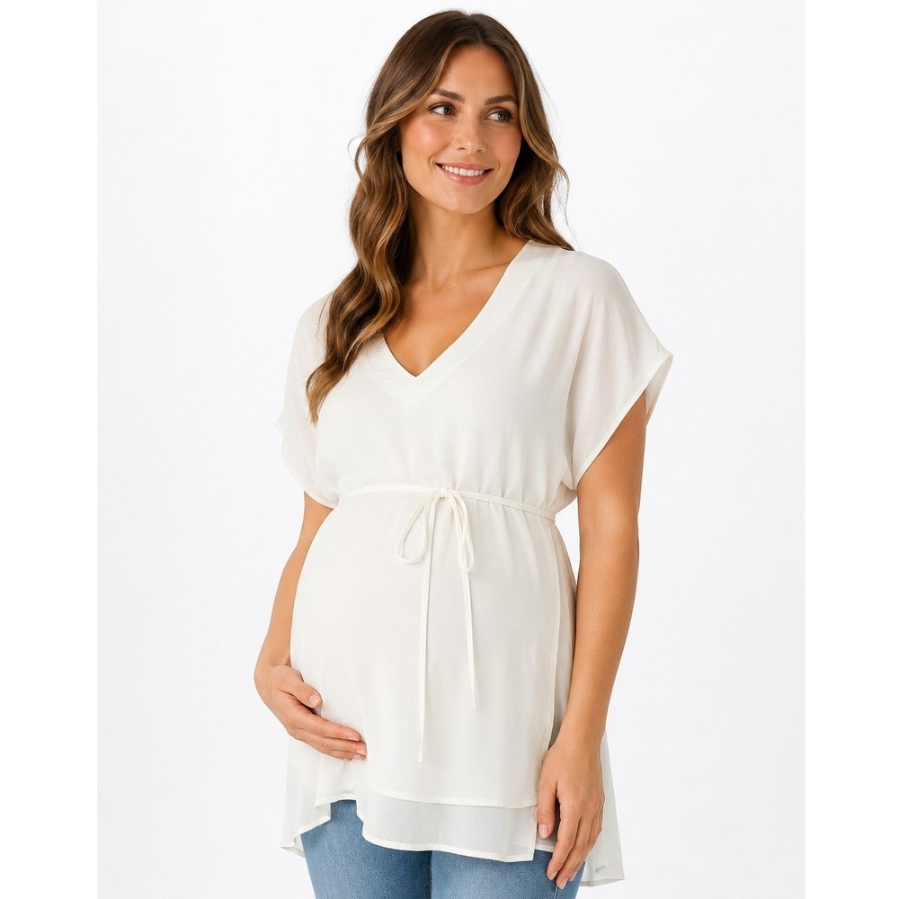 Les Serein Maternity V-Neck Blouse Off-White Short Sleeve Tie Waist Small NWT